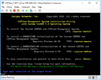 Virtual machine console for CTPView Management System installation on custom CentOS 5.3. Options: ctpview-install, ctpview-vmware, ctpview-vmdemo. Press Enter to boot hard drive.