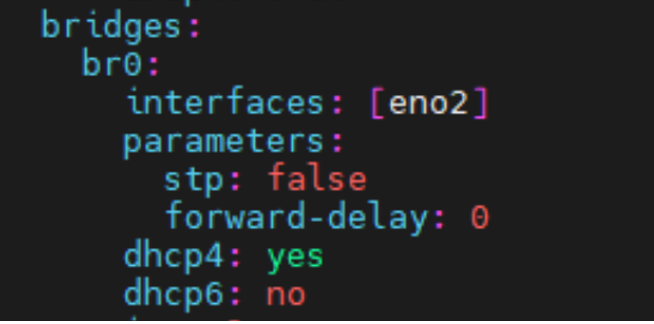 YAML snippet for a network bridge setup: bridge br0 includes interface eno2 with STP disabled, forward delay 0, DHCP4 enabled, DHCP6 disabled.