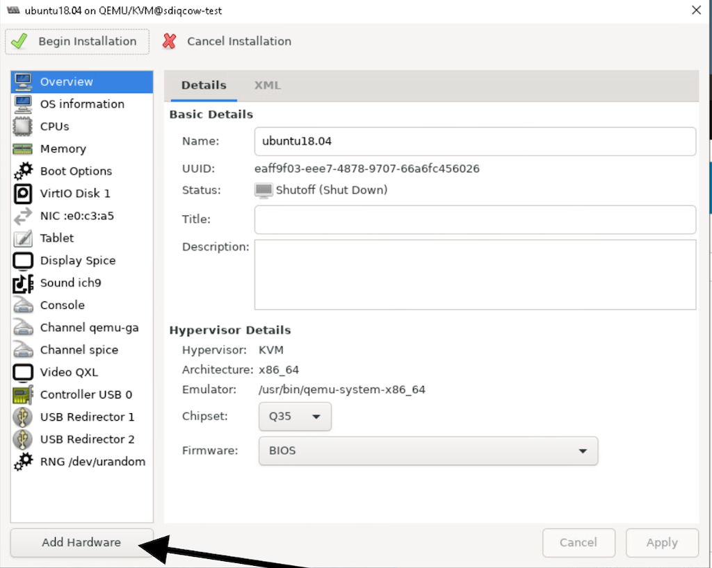 Virtual machine configuration interface for ubuntu18.04 on QEMU KVM showing shutoff status, x86_64 architecture, and BIOS firmware.
