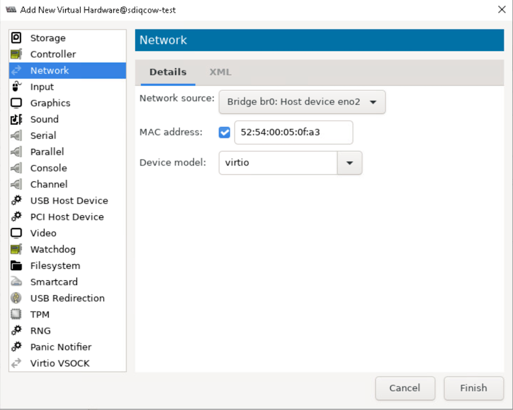 Add New Virtual Hardware window in Virt-Manager for sdiqcow-test VM, focused on Network category. Network source set to Bridge br0: Host device eno2. MAC address 52:54:00:05:0f:a3 and device model virtio selected. Cancel and Finish buttons at bottom.