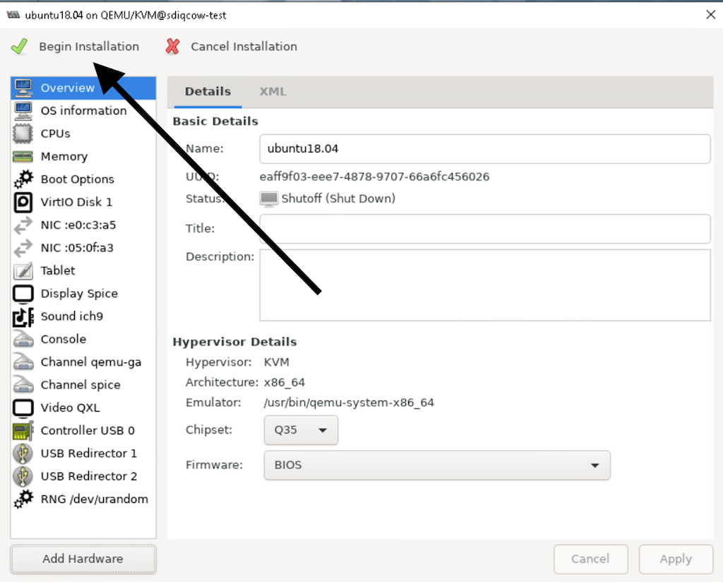 Virtual machine interface showing ubuntu18.04 details: shutoff status, KVM hypervisor, x86_64 architecture. Installation options available.