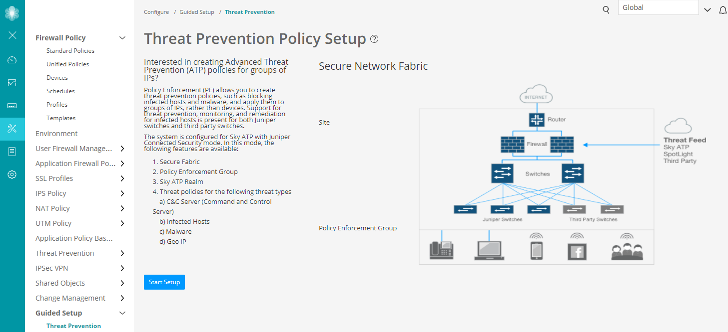 Configuration interface for Juniper Networks Threat Prevention Policies setup, showing network architecture diagram, navigation menu, and Start Setup button for security policy management.