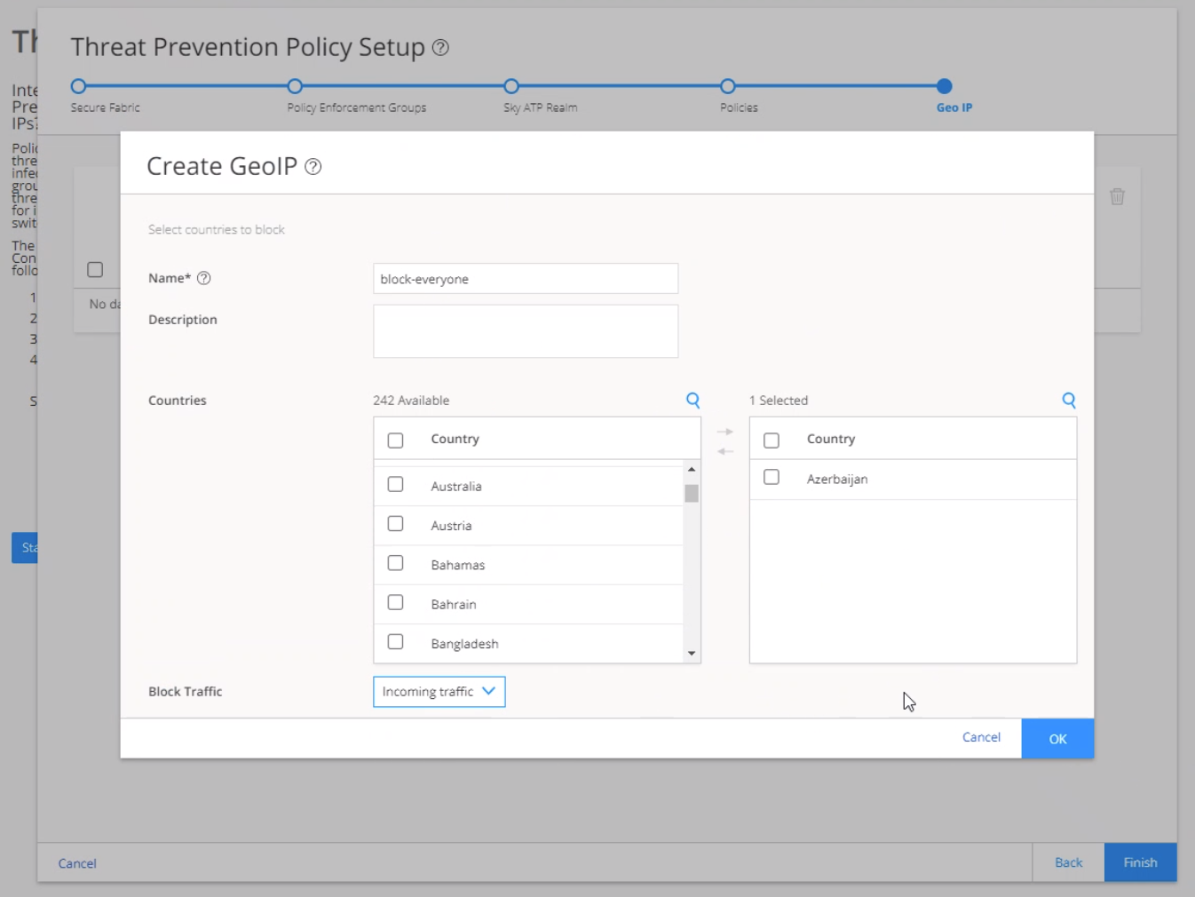 Screenshot of GeoIP threat prevention policy setup interface. Policy named block-everyone blocks incoming traffic from Azerbaijan.