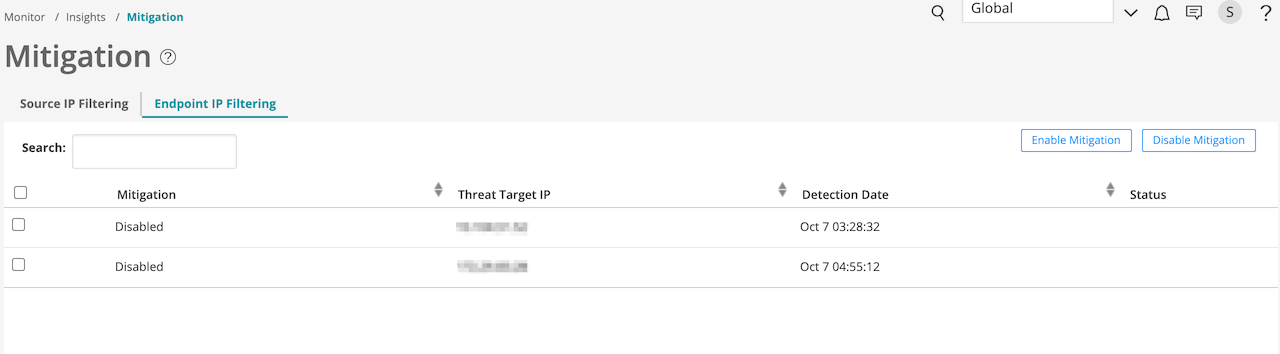 Mitigation dashboard for Endpoint IP Filtering in a cybersecurity tool. Displays columns for Mitigation, Threat Target IP, Detection Date, and Status. Includes buttons to enable or disable mitigation and a search bar for filtering entries.