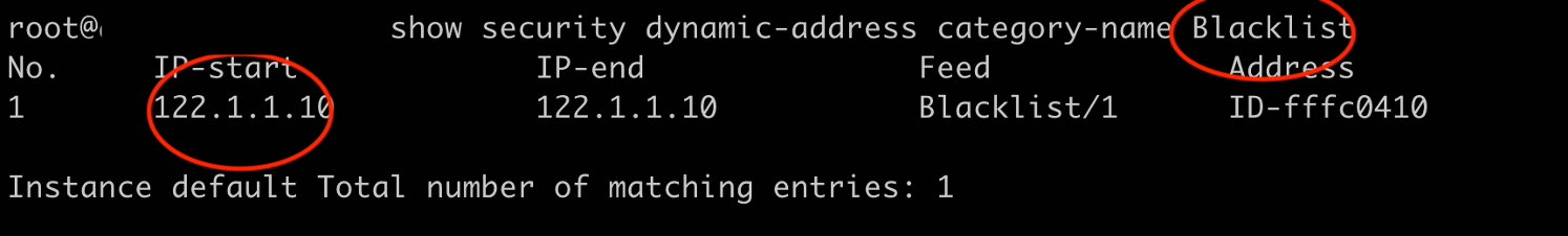 Command-line interface output showing security dynamic-address information for Blacklist. Single IP address 122.1.1.10 highlighted, ID ID-fffc0410.