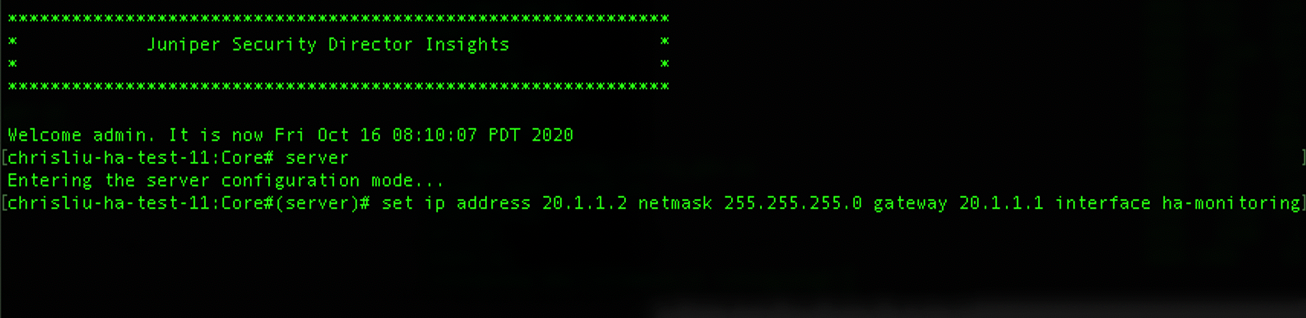 Terminal session showing server configuration for Juniper Security Director Insights. Admin sets IP 20.1.1.2, subnet mask 255.255.255.0, gateway 20.1.1.1, interface ha-monitoring.