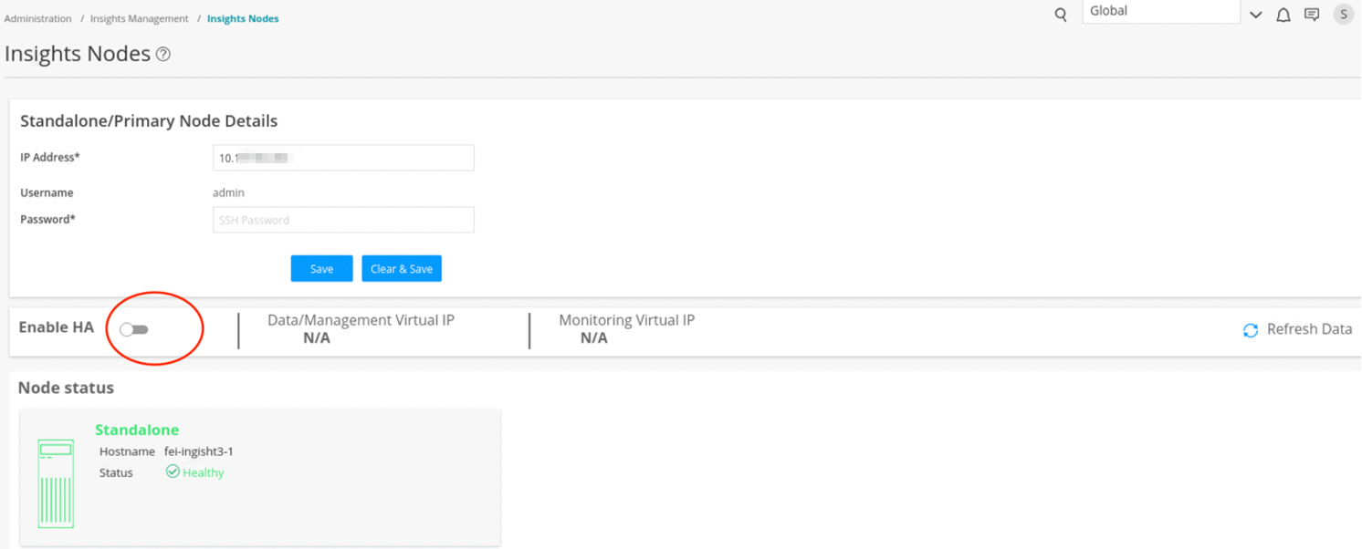 User interface for managing Insights Nodes with fields for IP Address, Username, SSH Password, Save and Clear & Save buttons, toggle for High Availability, node status as Standalone and Healthy, hostname fei-insight3-1, Refresh Data button, and navigation options.