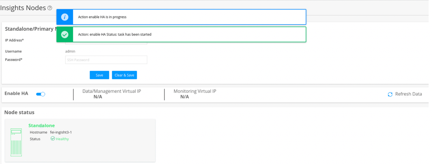 Web interface for enabling High Availability for Insights Nodes, showing configuration fields, status notifications, and node health status.