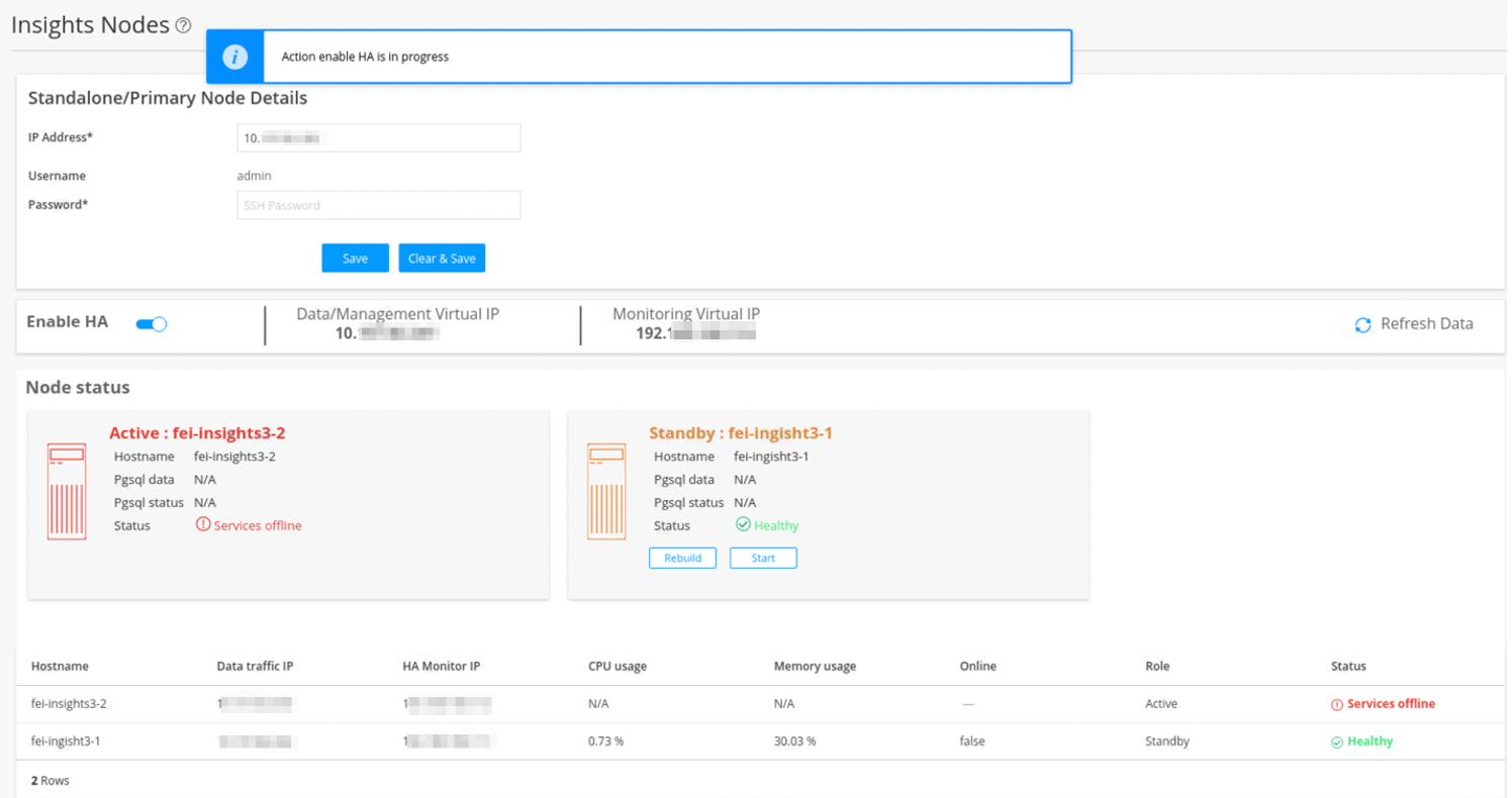 Interface for enabling High Availability for Insight Nodes. Shows notification for enabling HA, primary node details fields, HA toggle on with virtual IPs, statuses of active node fei-insights3-2 as services offline and standby node fei-insights3-1 as healthy, and node details table with roles and statuses.