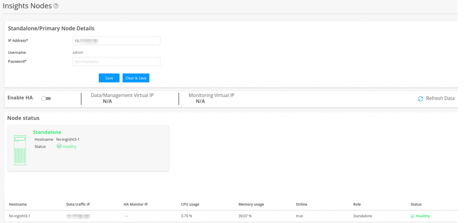 Screenshot of Insights Node interface with hostname fei-insight3-1 showing healthy status, CPU usage 0.79 percent, memory usage 39.07 percent, online status true, role standalone. High Availability is off. Data and Monitoring Virtual IPs are N/A. Options to save, clear, or refresh data are available.