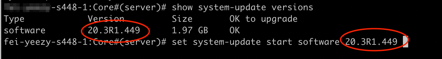 Command-line interface showing system update process. Version 20.3R1.449, size 1.97 GB, is ready for upgrade. Update initiated.