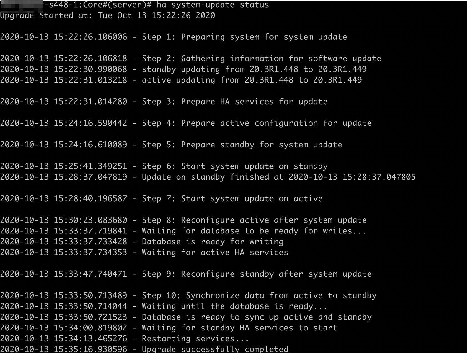 System update process completed successfully with timestamps and logs detailing preparation, system updates, reconfiguration, and data synchronization.