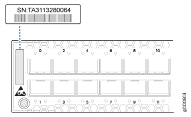 Diagram of a hardware component with slots labeled 0 to 10, serial number TA3113280064, and a caution symbol.