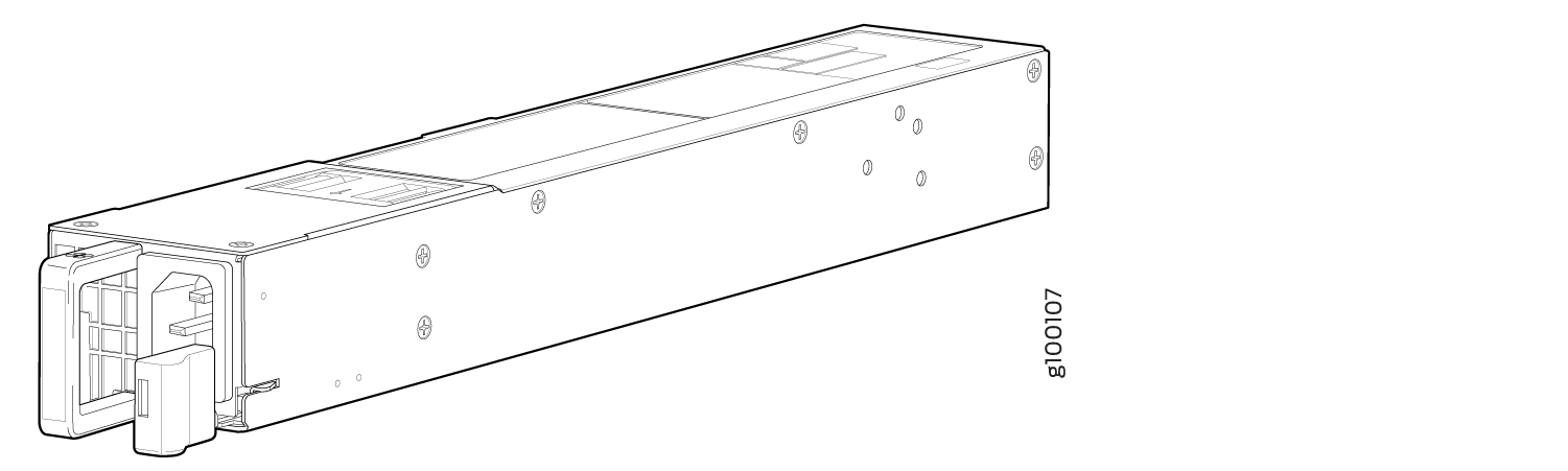 Technical drawing of a rectangular modular unit with mounting holes, connectors, and structural details. Model number 8100107.