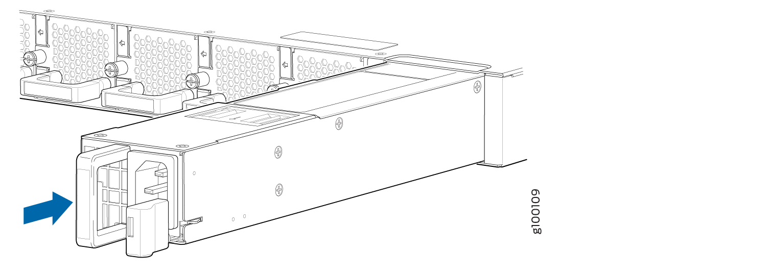 Power supply unit being inserted into server chassis with blue arrow indicating direction.
