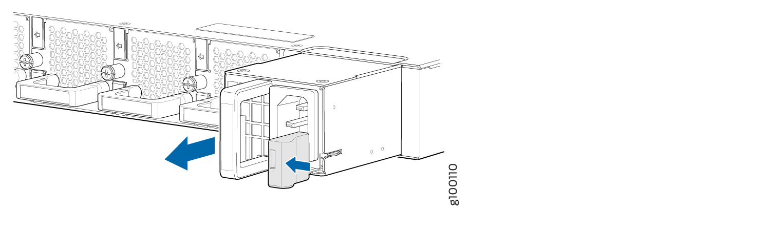 Server component removal with blue arrows indicating a power supply unit being pulled out for cooling ventilation.