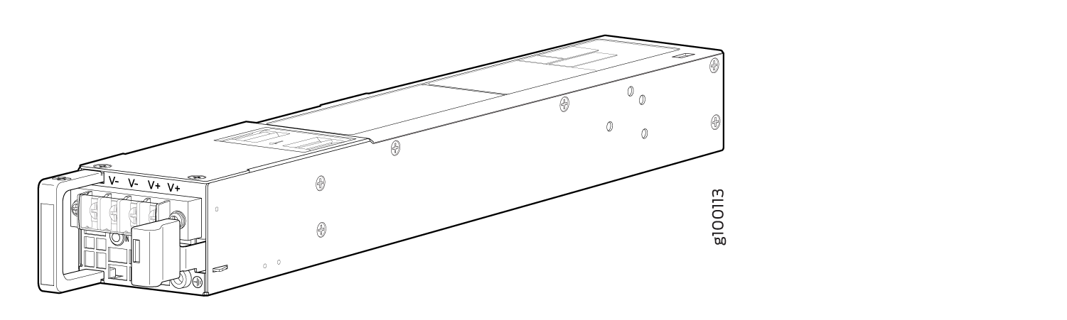 Technical drawing of a power supply module with connectors labeled V- and V+ for industrial applications.
