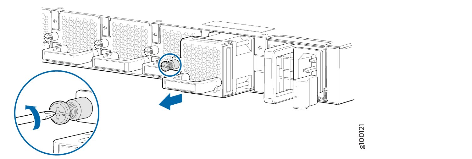 Server component removal or installation; screwdriver highlights locking mechanism; blue arrow indicates action direction.
