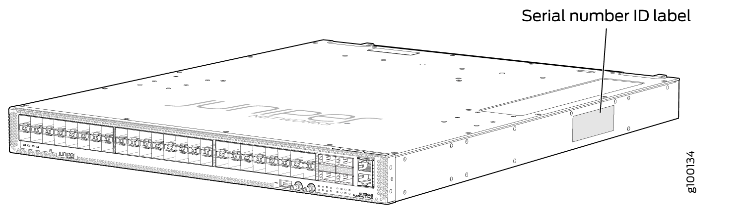 Juniper Networks QFX Series network switch front panel with ports and serial number ID label location.