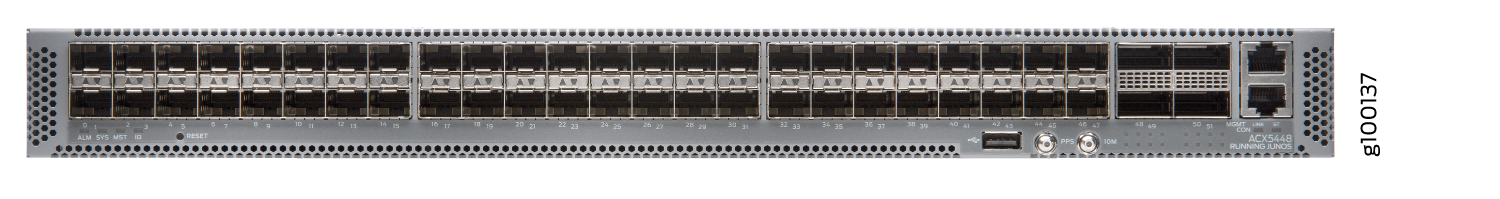 Juniper Networks ACX5448 network switch with SFP QSFP ports, LED indicators for alarms and system status, and a reset button.