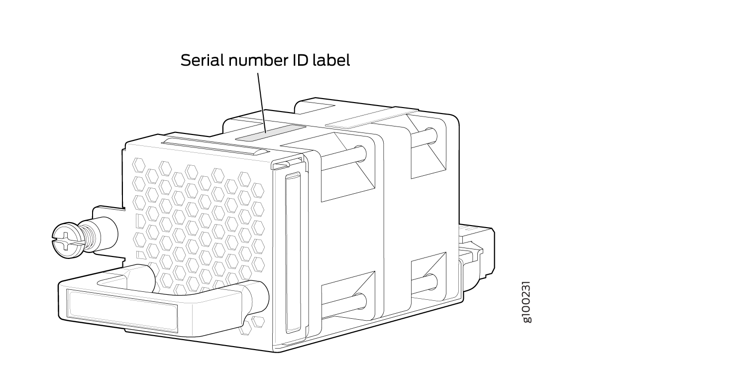 Technical illustration of an electronic module with hexagonal patterns and connectors, featuring a serial number ID label for identification.