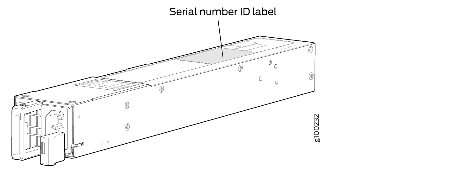 Technical drawing of a modular hardware component with labeled Serial number ID label on top surface for identification.