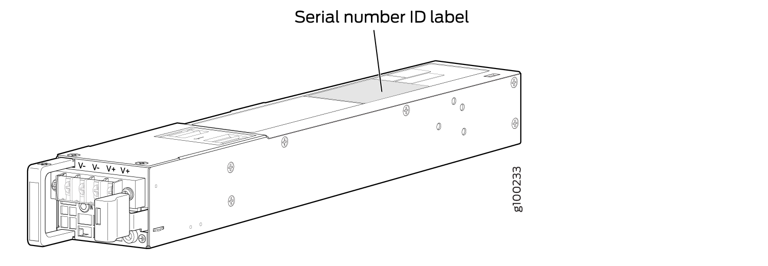 Technical drawing of a power supply unit with labeled serial number ID label and connection terminals marked V- and V+ for voltage input/output.