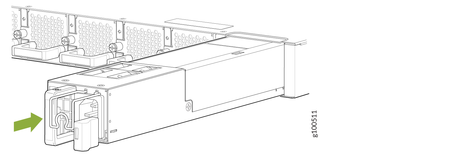 Power supply unit being installed into server chassis with green arrow indicating direction; honeycomb pattern suggests airflow vents.