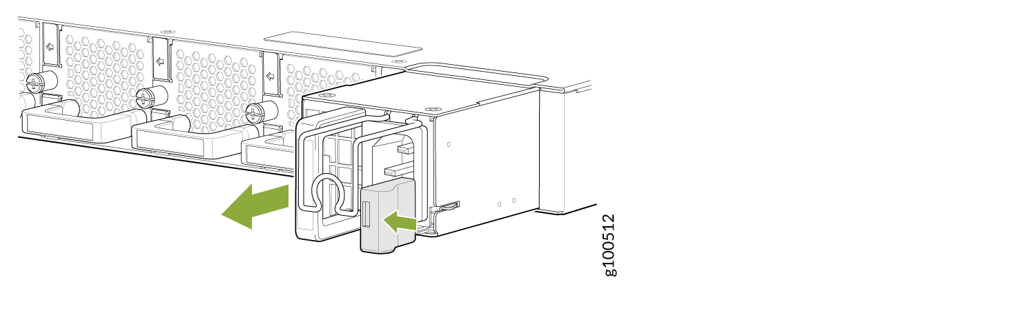 Removing power supply unit from server with green arrows indicating pull direction.