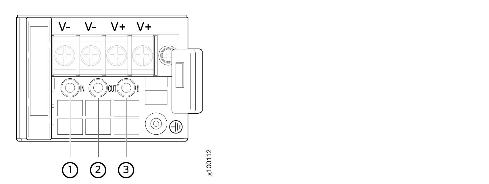 Diagram of a power supply with V- and V+ terminals, IN and OUT ports, a ground symbol, and indicators or buttons labeled with exclamation marks and squares.