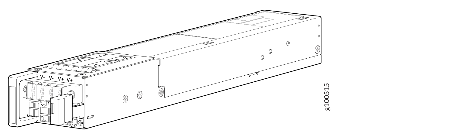 Technical drawing of an industrial power supply module with terminals labeled V- and V+ for voltage output.