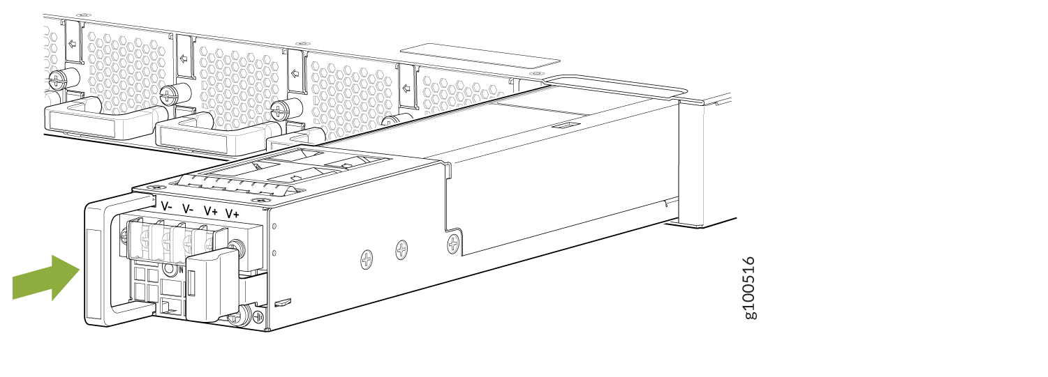 Power supply unit installation in server chassis with green arrow showing direction. Terminals labeled V- and V+ for voltage outputs.