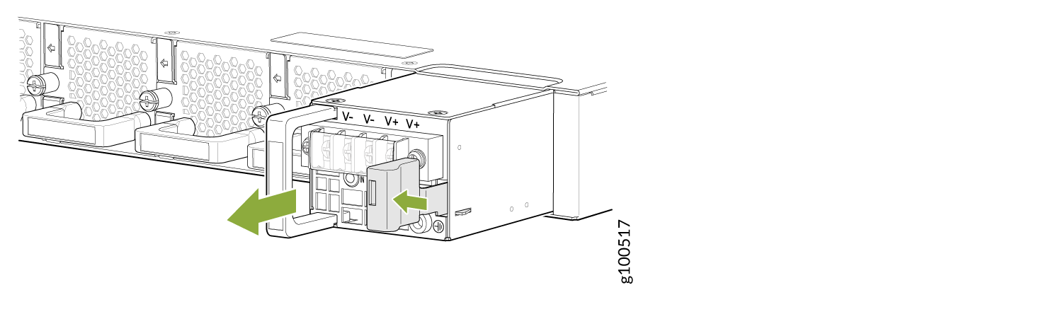 Technical illustration showing PSU installation or removal from a server chassis with green arrows indicating movement and labels V- and V+ for voltage terminals.