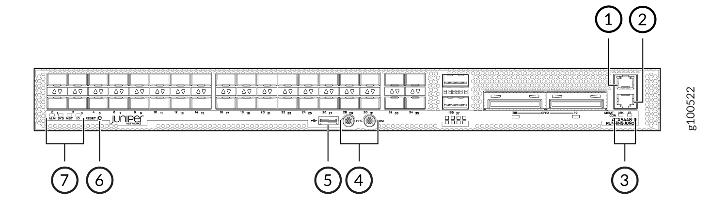 Diagram of Juniper Networks EX5450 front panel showing management port, console port, USB, timing ports, out-of-band management port, reset button, status LEDs, and network ports 0-39.