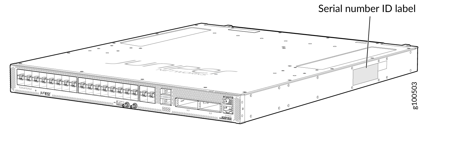 Diagram of a Juniper Networks switch front panel with multiple ports and serial number ID label location.