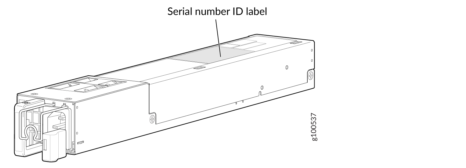 Technical drawing of a power supply unit showing serial number ID label, connectors, and mounting points for server installation.
