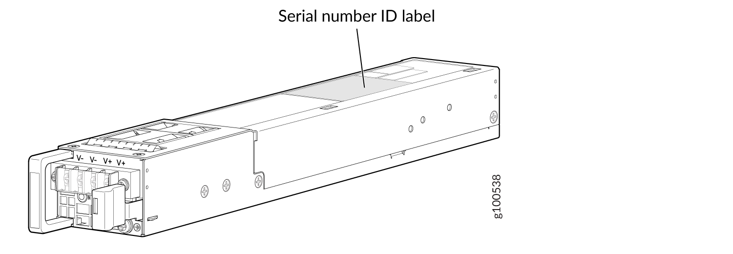 Technical drawing of a power supply module with labeled components including Serial number ID label and connection terminals V- and V+.