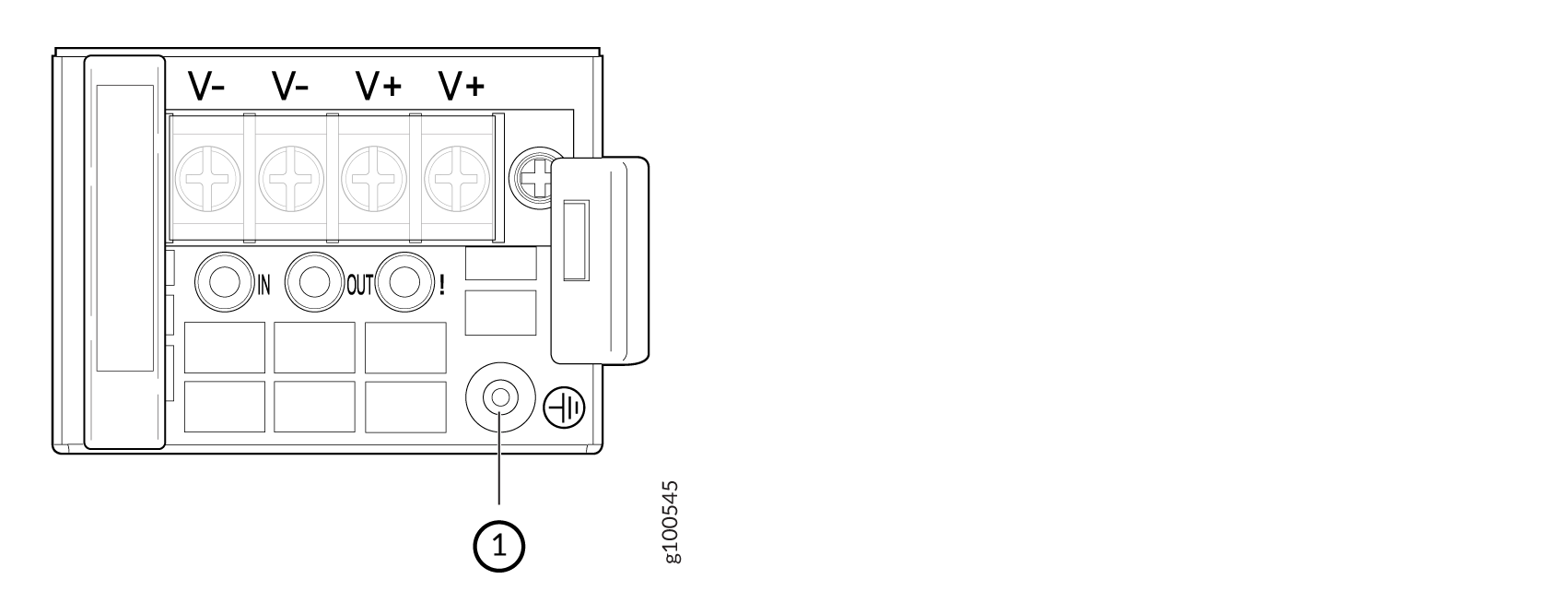 Technical diagram of an electronic device showing V+ and V- voltage terminals, IN and OUT ports, and a ground symbol labeled 1.
