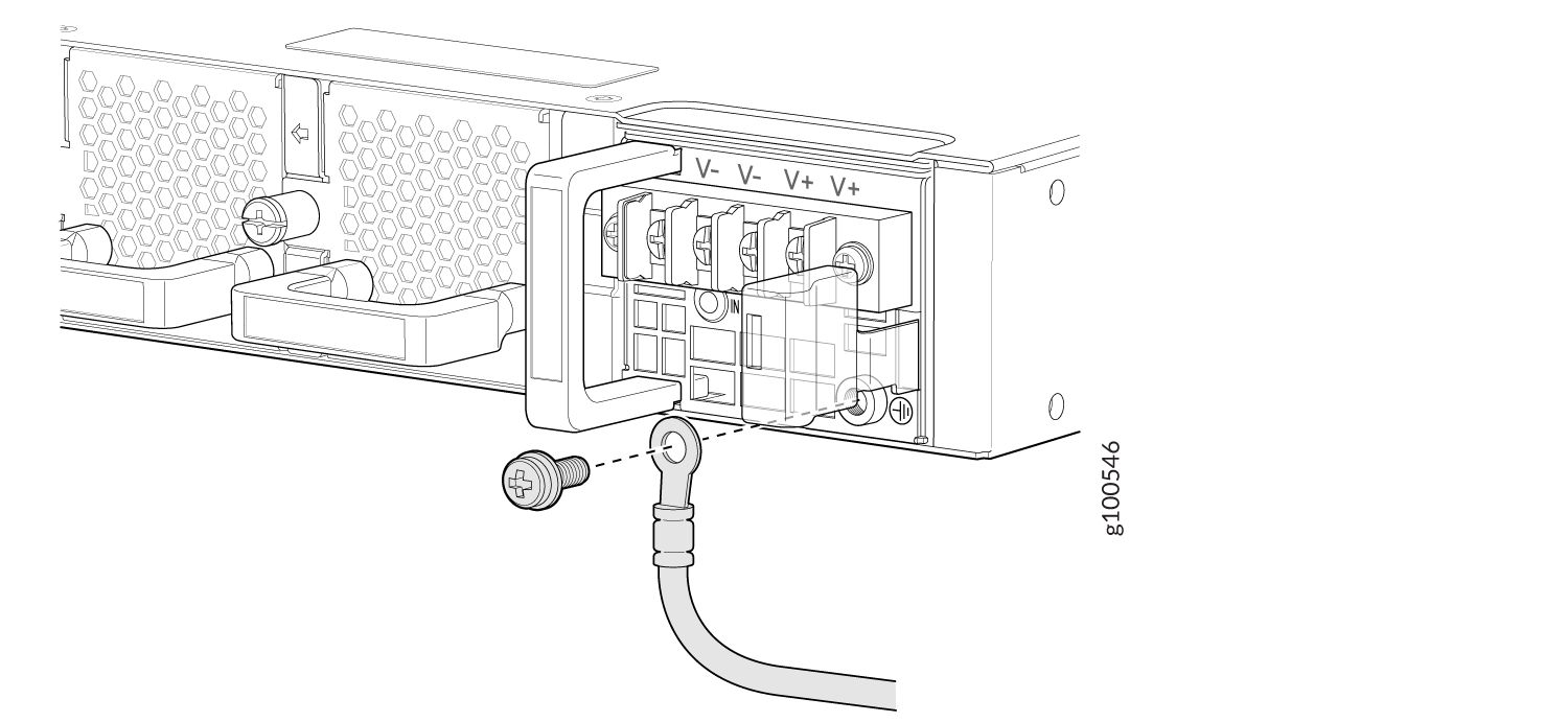 Terminal block with labeled positive and negative voltage inputs, cable with ring terminal being attached, protective cover, and mounting hardware.