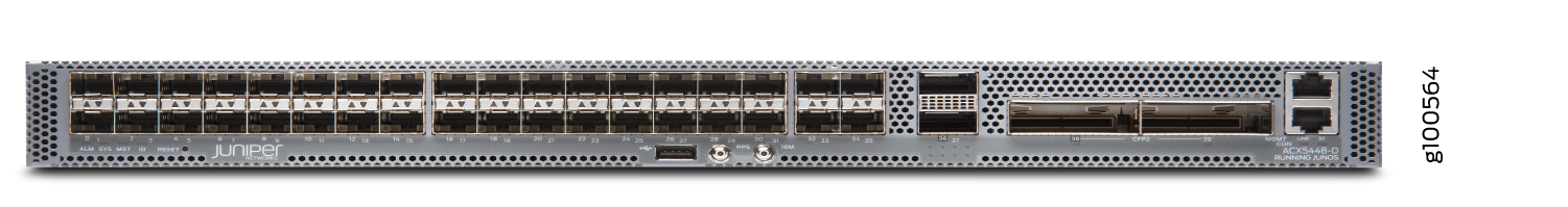 Juniper Networks QFX5448-D switch with 48 SFP/SFP+ ports, QSFP+ ports, management ports, USB connectors, and airflow design.
