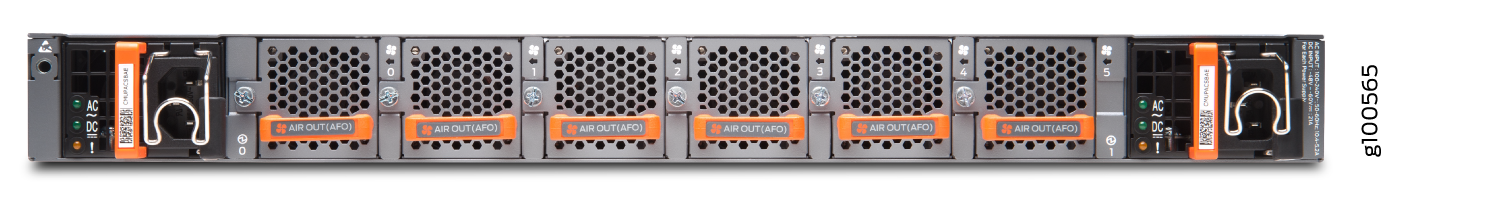 Rear view of server chassis with power supply units on both ends, cooling fans labeled 1 to 5, and QR codes on orange handles.