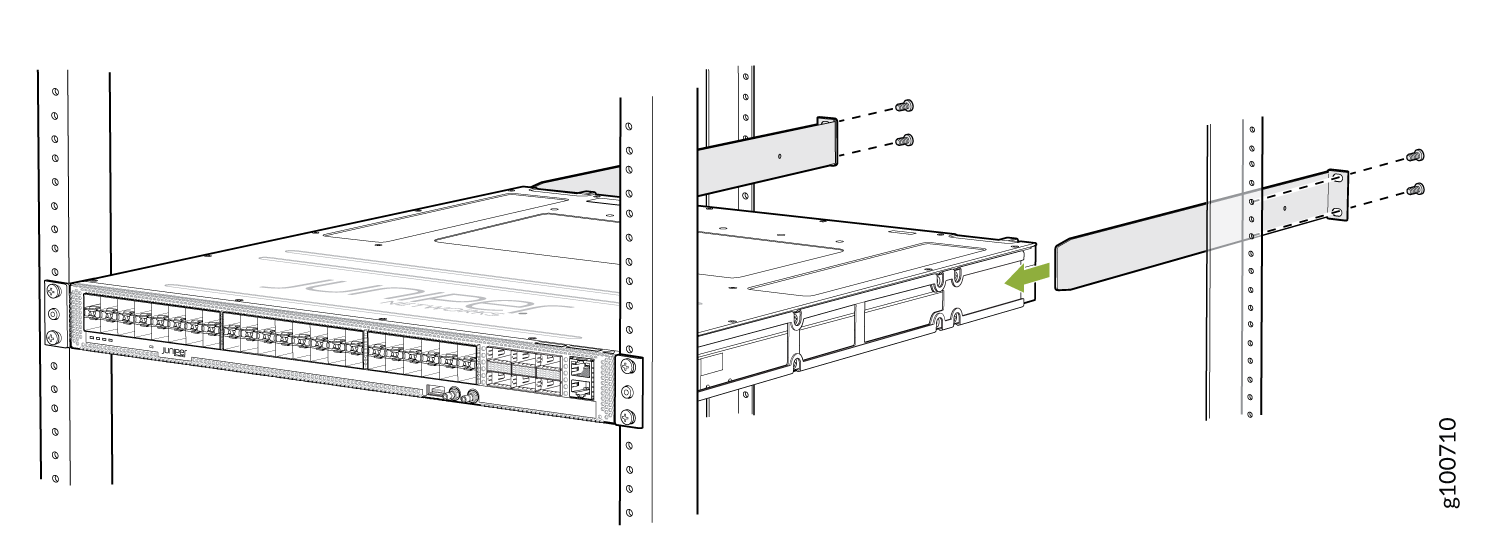 Juniper Networks switch or router being installed in a server rack with mounting brackets secured by screws; green arrow indicates alignment direction.
