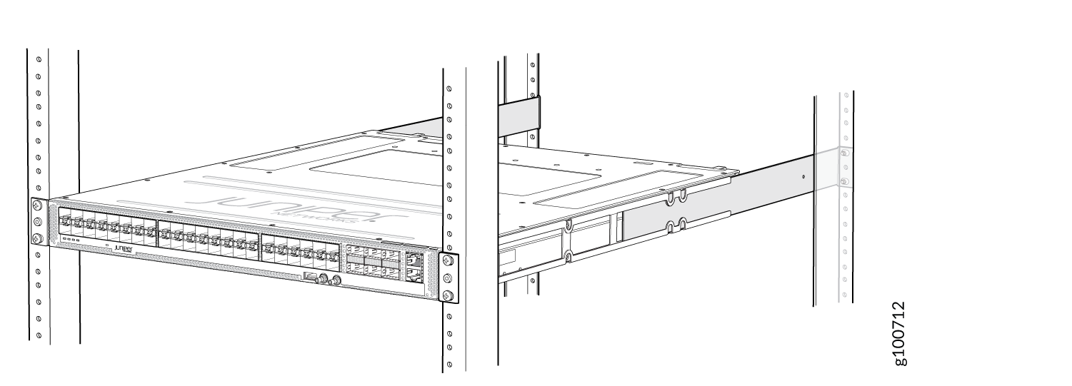 Juniper Networks switch or router mounted in a standard rack with multiple Ethernet or fiber optic ports.