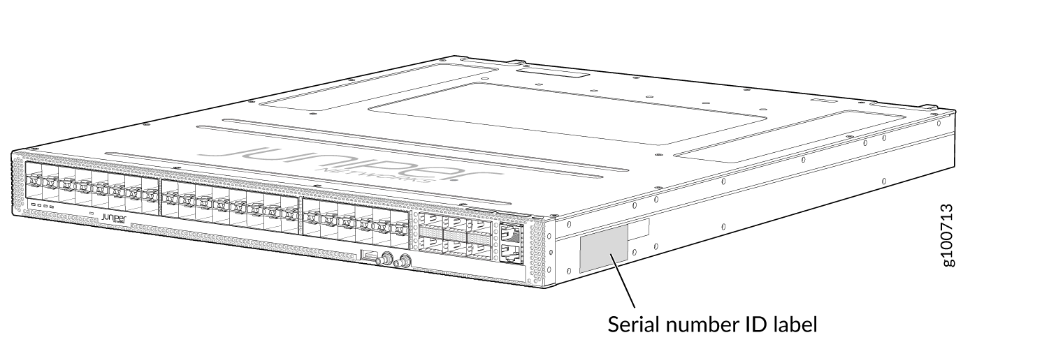 Juniper Networks switch showing front panel with multiple network ports and Serial number ID label location.