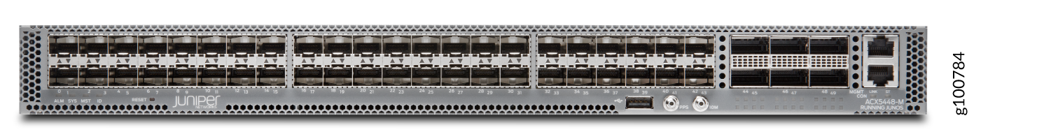 Juniper Networks QFX5148-M switch showing SFP+ and QSFP+ ports for 10GbE and 40GbE, management ports, USB port, and status LEDs.
