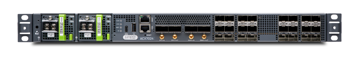 Juniper Networks ACX7024 router with redundant power supplies, management ports, timing ports, high-speed network ports, and rack-mountable design.
