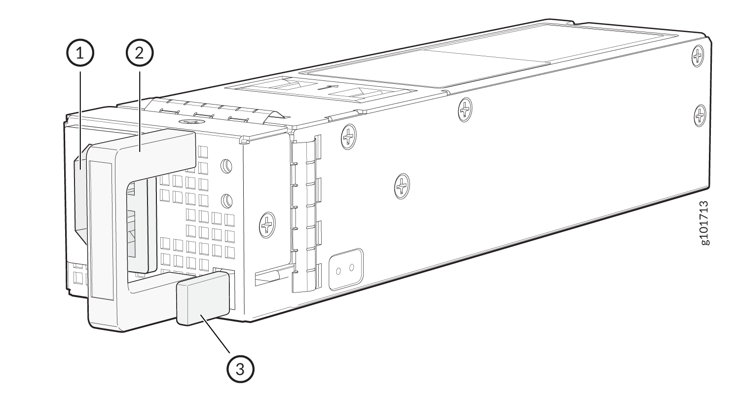 Technical illustration of a hot-swappable power supply unit with labeled features: handle, ventilation holes, and connector.