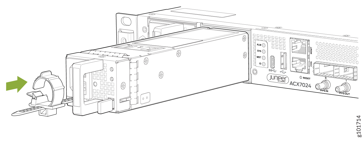 Removing or installing PSU in Juniper Networks ACX7024 with green arrow showing PSU movement direction and rear panel details.