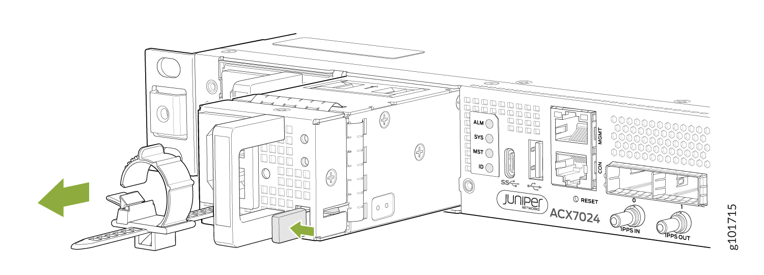 Rear panel of Juniper Networks ACX7024 router showing PSU installation, cable management clip, management and console ports, 1PPS IN/OUT ports, status LEDs for alarms, system and master status, and reset button.