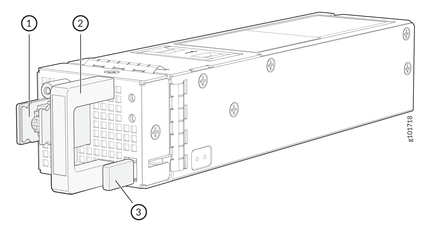Technical illustration of a hot-swappable power supply unit with labeled parts: release latch, handle, and connector.